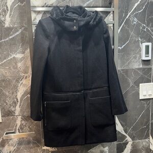 Zac Posen Black Convertable Wool Coat with Detachable Fur Hood Collar